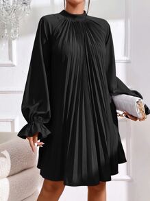 SHEIN Privé Flounce Sleeve Pleated Detail Mock Neck Pleated Dress