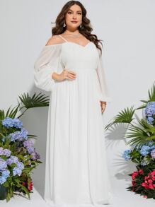 Plus Cold Shoulder Puff Sleeve Wedding Dress - White - View 1