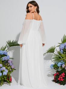Plus Cold Shoulder Puff Sleeve Wedding Dress - White - View 2