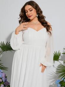 Plus Cold Shoulder Puff Sleeve Wedding Dress - White - View 5