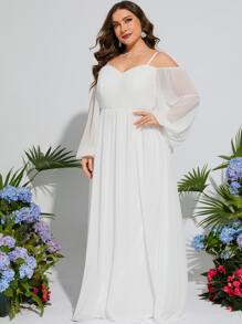 Plus Cold Shoulder Puff Sleeve Wedding Dress - White - View 3