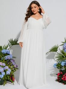 Plus Cold Shoulder Puff Sleeve Wedding Dress - White - View 4