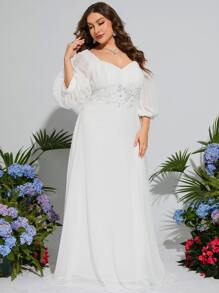 大碼燈籠袖亮片拼接貼花網紗婚紗洋裝 - 白色 - 查看 3