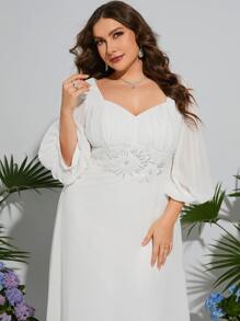 大碼燈籠袖亮片拼接貼花網紗婚紗洋裝 - 白色 - 查看 4