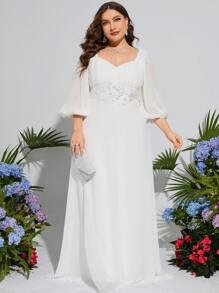 大碼燈籠袖亮片拼接貼花網紗婚紗洋裝 - 白色 - 查看 5