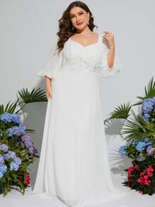 大碼燈籠袖亮片拼接貼花網紗婚紗洋裝 - 白色 - 查看 1