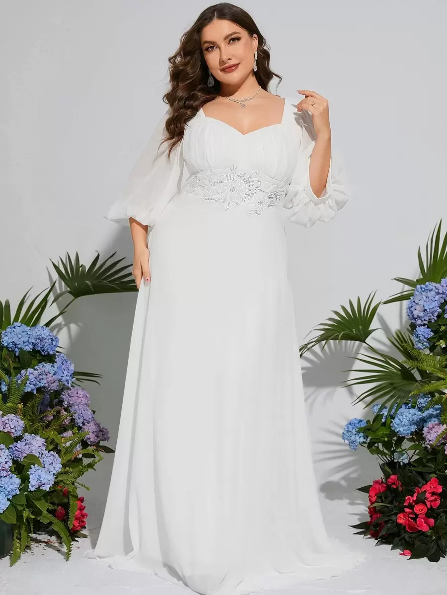 大碼燈籠袖亮片拼接貼花網紗婚紗洋裝 - 白色 - 查看 1