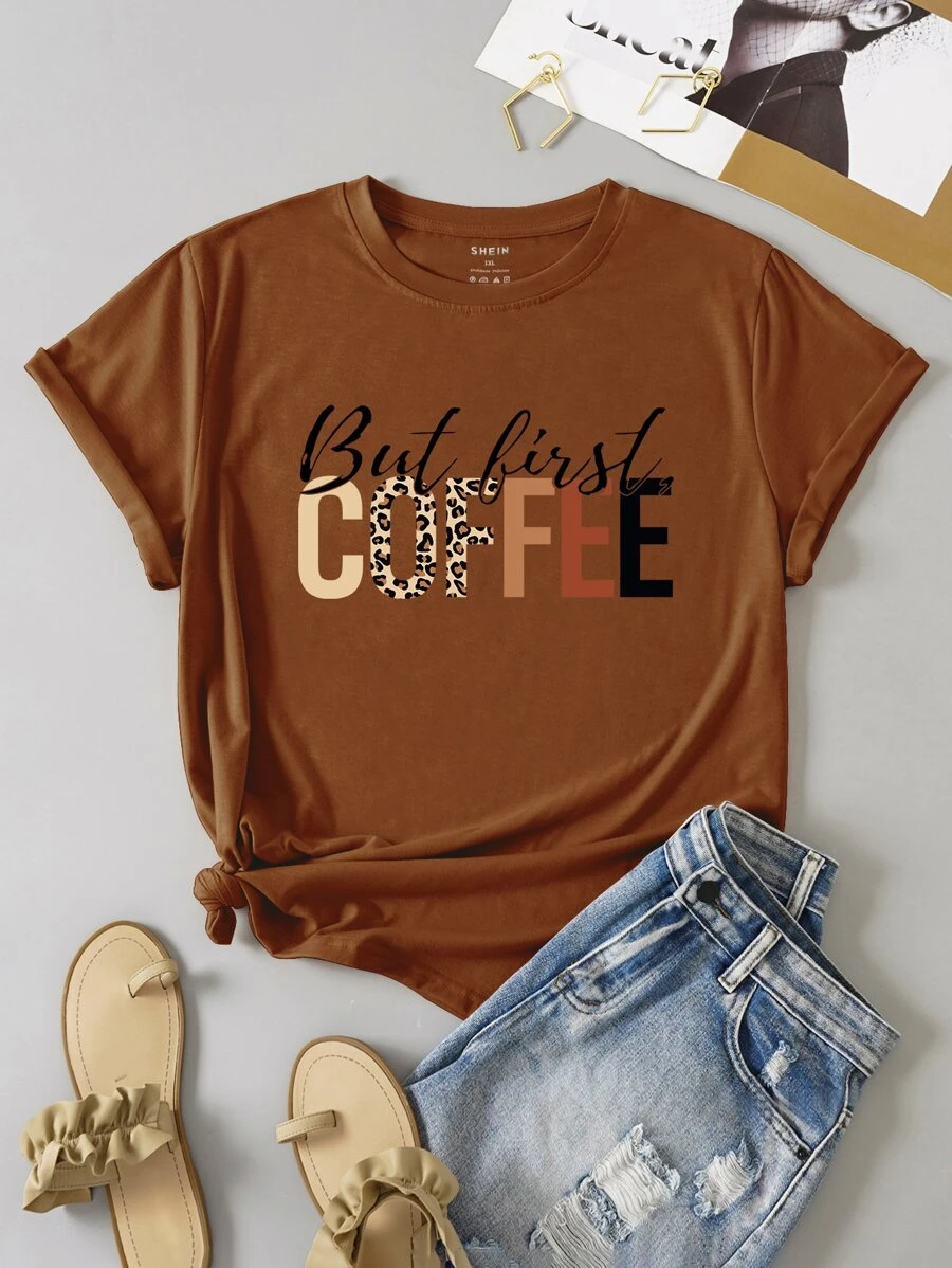 INAWLY Parte superior estampada con gráfico de leopardo y eslogan, camisetas de mujer con estampado de guepardo - Marrón - Ver 1