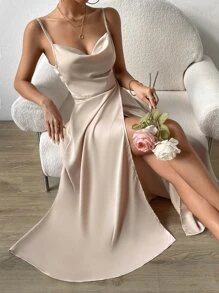Zolique Draped Collar Wrap Hem Cami Dress - Apricot - View 5