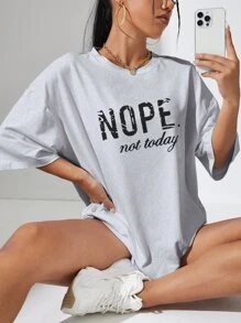 SHEIN EZwear Áo thun nữ Slogan Giải trí - Màu Xám nhạt - Xem 1
