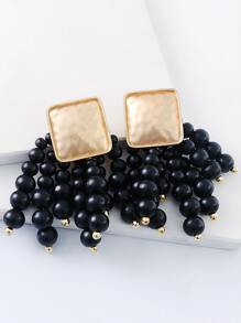 Bead Tassel Drop Earrings - Black - View 1