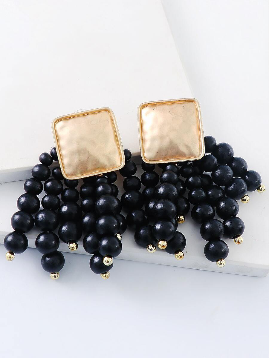 Bead Tassel Drop Earrings - Black - View 1