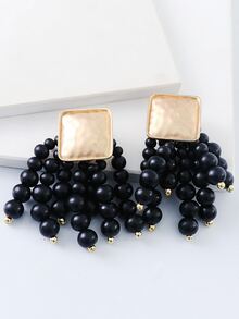 Bead Tassel Drop Earrings - Black - View 4