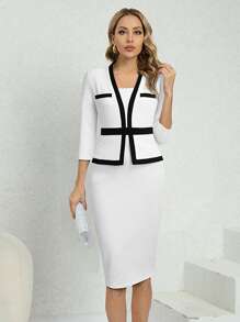 HOMEYEE Contrast Trim Bodycon Dress Business Dress - White - View 1
