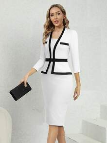 HOMEYEE Contrast Trim Bodycon Dress Business Dress - White - View 3