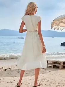 SHEIN Holidaya Guipure Lace Insert High Low Ruffle Hem Dress - Beige - View 4