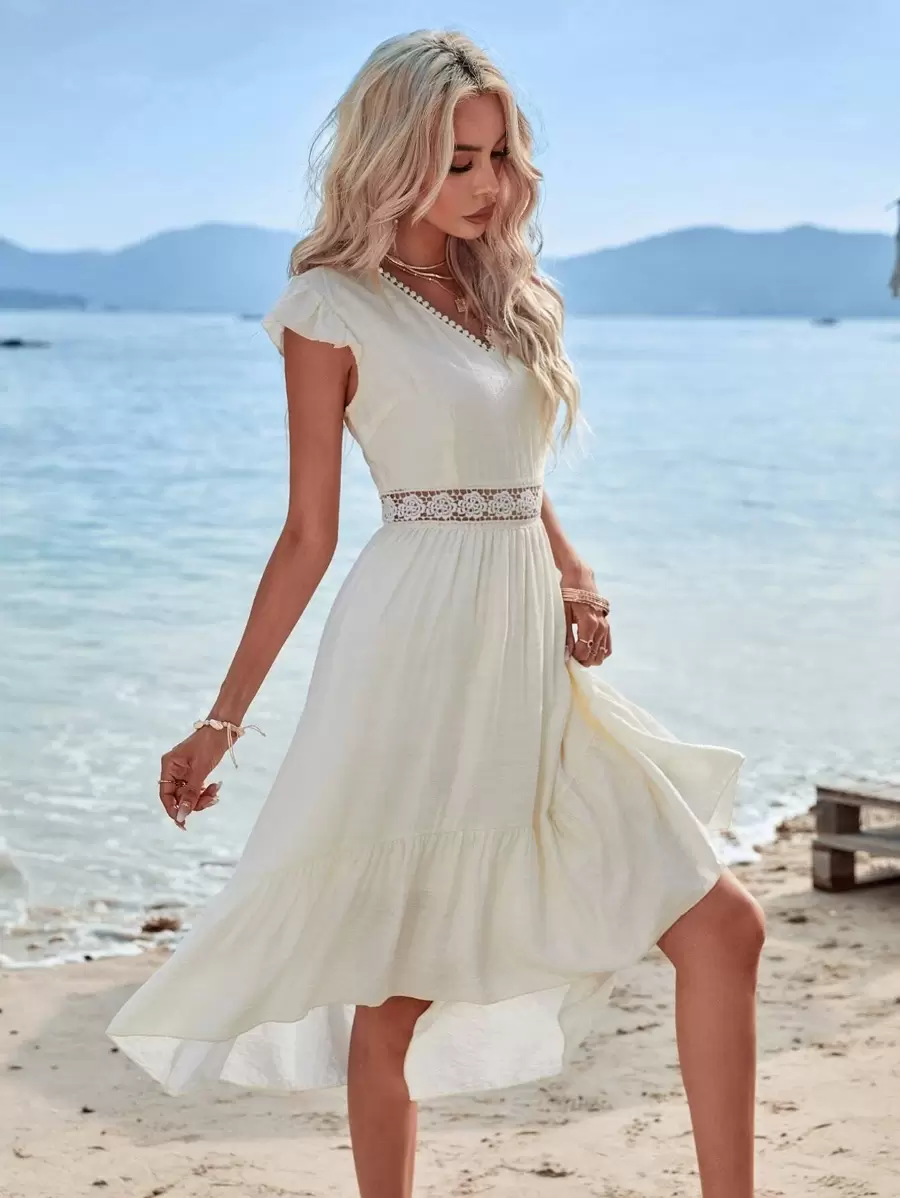 SHEIN Holidaya Guipure Lace Insert High Low Ruffle Hem Dress - Beige - View 1