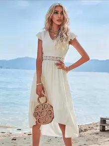 SHEIN Holidaya Guipure Lace Insert High Low Ruffle Hem Dress - Beige - View 5