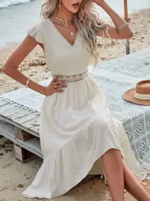 SHEIN Holidaya Guipure Lace Insert High Low Ruffle Hem Dress - Beige - View 2