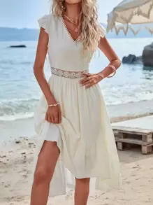 SHEIN Holidaya Guipure Lace Insert High Low Ruffle Hem Dress - Beige - View 6