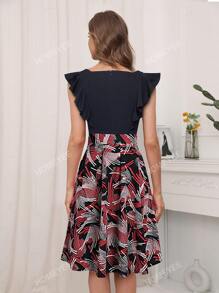 Graphic Print Ruffle Trim Square Neck Dress