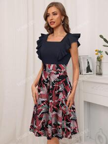Graphic Print Ruffle Trim Square Neck Dress