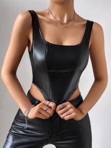 SHEIN Privé Asymmetrical Hem PU Tank Top - Black - View 1