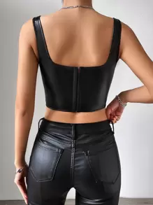 SHEIN Privé Asymmetrical Hem PU Tank Top - Black - View 2