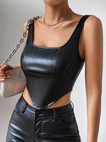 SHEIN Privé Asymmetrical Hem PU Tank Top - Black - View 4