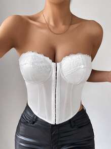 SHEIN Allurite Lace Trim Hook And Eye Front Bustier Tube Top - White - View 1