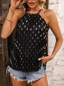 SHEIN LUNE Blusa con estampado de lunares dorados de espalda con abertura de ojo de cuello halter - Negro - Ver 3