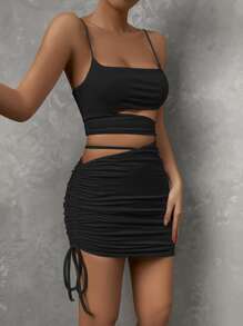 Chiquease Cut Out Drawstring Side Ruched Cami Bodycon Dress - Black - View 6