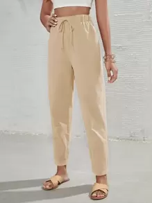 SHEIN Frenchy 素色前打結長褲 - 卡其色 - 查看 3