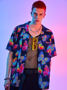 ROMWE MEN Street Life Guys Allover Butterfly Print Shirt - Navy Blue - View 1