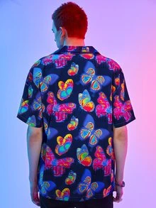 ROMWE MEN Street Life Guys Allover Butterfly Print Shirt - Navy Blue - View 2