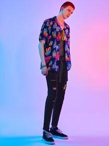 ROMWE MEN Street Life Guys Allover Butterfly Print Shirt - Navy Blue - View 3