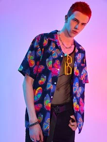 ROMWE MEN Street Life Guys Allover Butterfly Print Shirt - Navy Blue - View 6