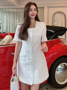 DAZY Vestido Sólido Con Ribete Sin Procesar Y Botones En La Parte Delantera - Blanco - Ver 3