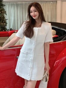 DAZY Vestido Sólido Con Ribete Sin Procesar Y Botones En La Parte Delantera - Blanco - Ver 5