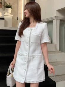 DAZY Vestido Sólido Con Ribete Sin Procesar Y Botones En La Parte Delantera - Blanco - Ver 6