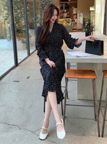 DAZY 波點圖案荷葉邊連衣裙 - 黑色 - 查看 3