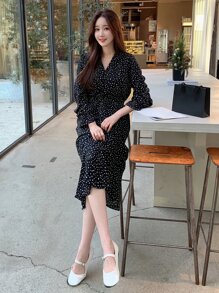 DAZY 波點圖案荷葉邊連衣裙 - 黑色 - 查看 4