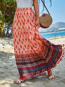 SHEIN VCAY 滿版印花流蘇邊荷葉邊超長半身裙 - 彩色 - 查看 3