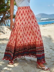 SHEIN VCAY 滿版印花流蘇邊荷葉邊超長半身裙 - 彩色 - 查看 1