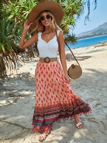 SHEIN VCAY 滿版印花流蘇邊荷葉邊超長半身裙 - 彩色 - 查看 5