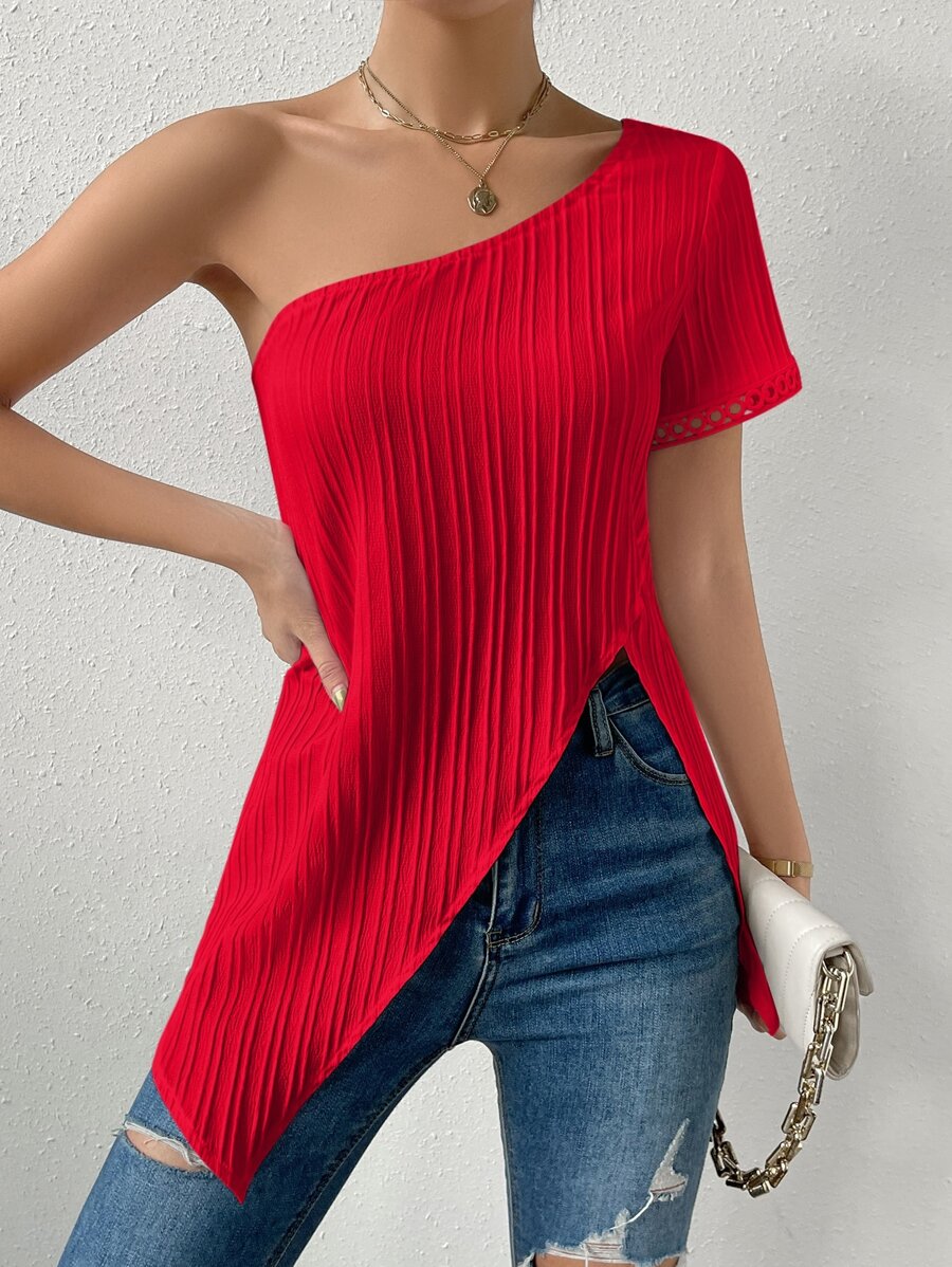 SHEIN Privé 單肩不對稱下擺襯衫 - 紅色 - 查看 1