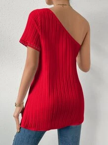 SHEIN Privé 單肩不對稱下擺襯衫 - 紅色 - 查看 2