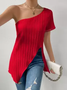 SHEIN Privé 單肩不對稱下擺襯衫 - 紅色 - 查看 3