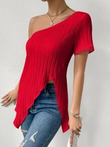 SHEIN Privé 單肩不對稱下擺襯衫 - 紅色 - 查看 4