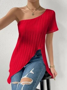 SHEIN Privé 單肩不對稱下擺襯衫 - 紅色 - 查看 5